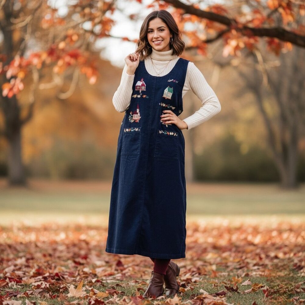 Cottage Cove Vintage Overall Midi Pinafore Dress Embroidery House Sleeveless RAR